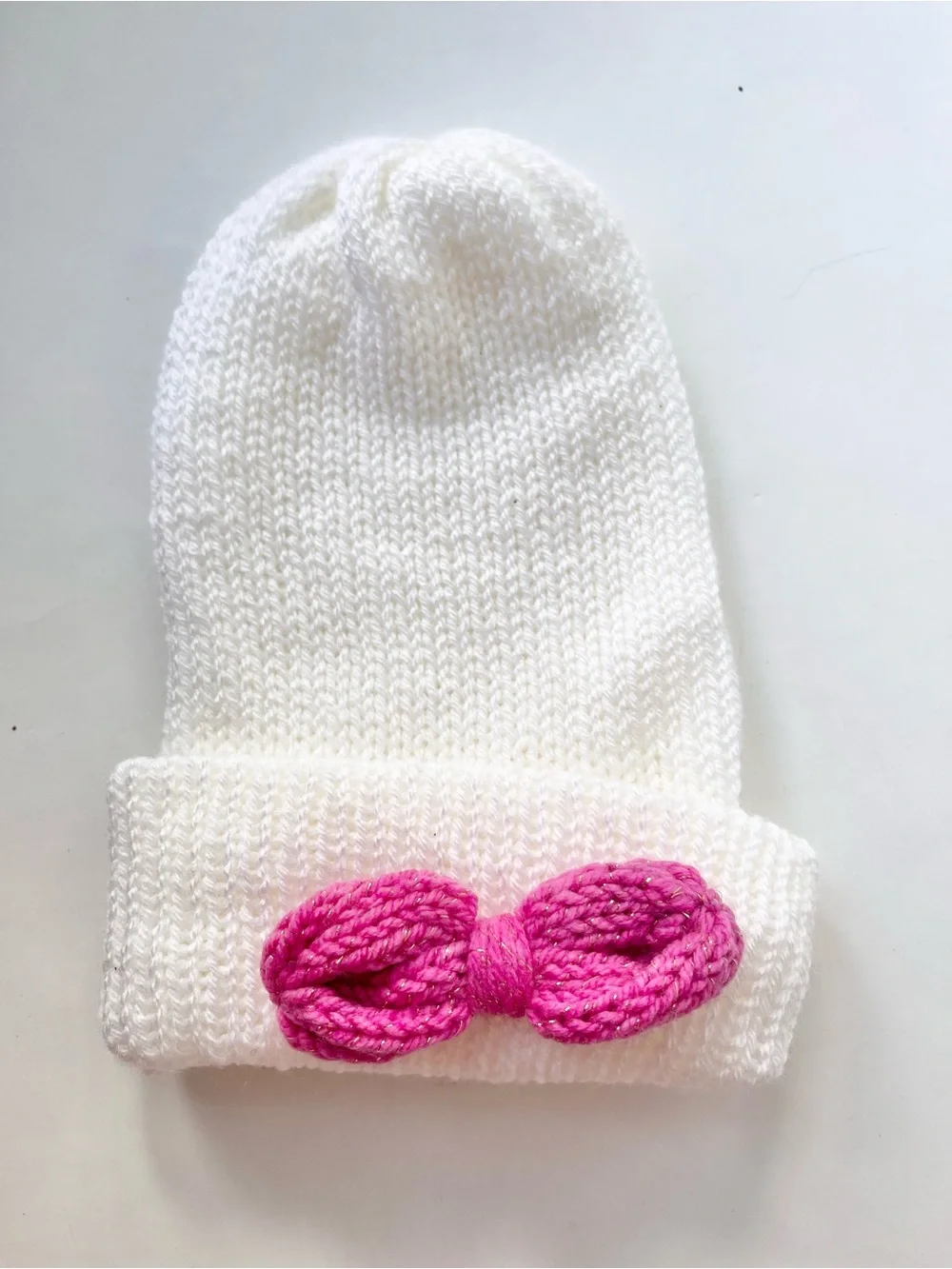 Handmade Cozy Toddler Winter Hat Knitted White w/ Pink Bow